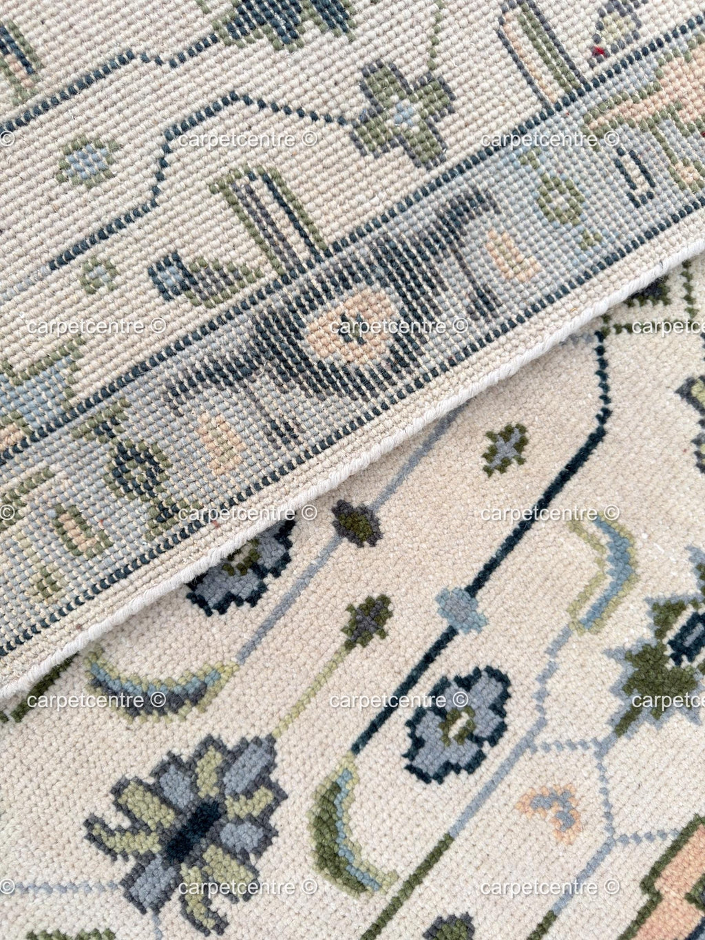 Hand Knotted Oushak Runner, Ivory Blue Wool Hallway Rug, Modern Farmhouse Style