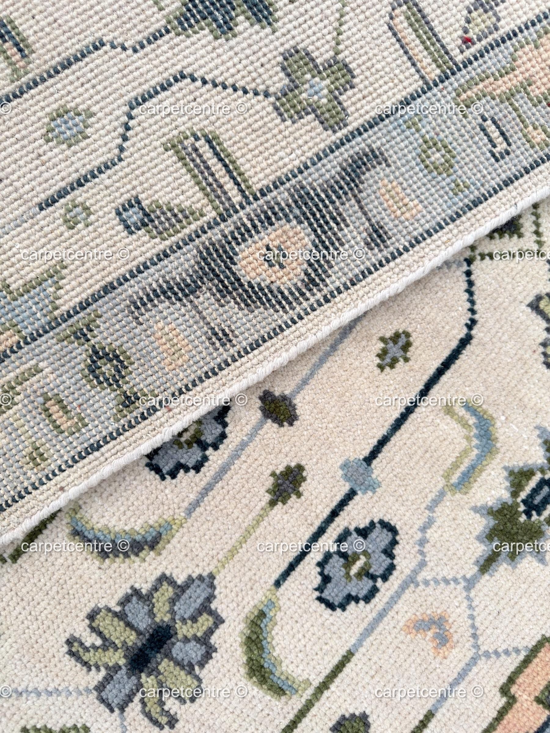 Hand Knotted Oushak Runner, Ivory Blue Wool Hallway Rug, Modern Farmhouse Style