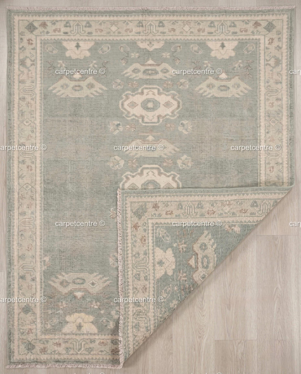 Muted Sage Oushak Rug | Hand-Knotted Wool Carpet, Tribal Geometric Boho Decor