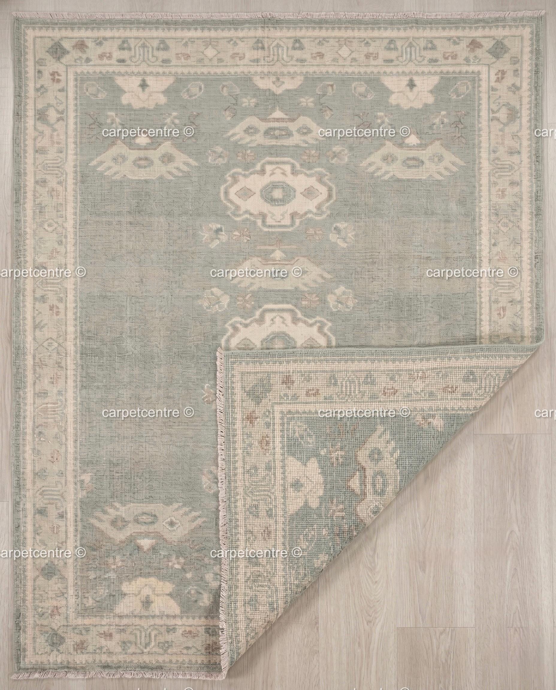Muted Sage Oushak Rug | Hand-Knotted Wool Carpet, Tribal Geometric Boho Decor