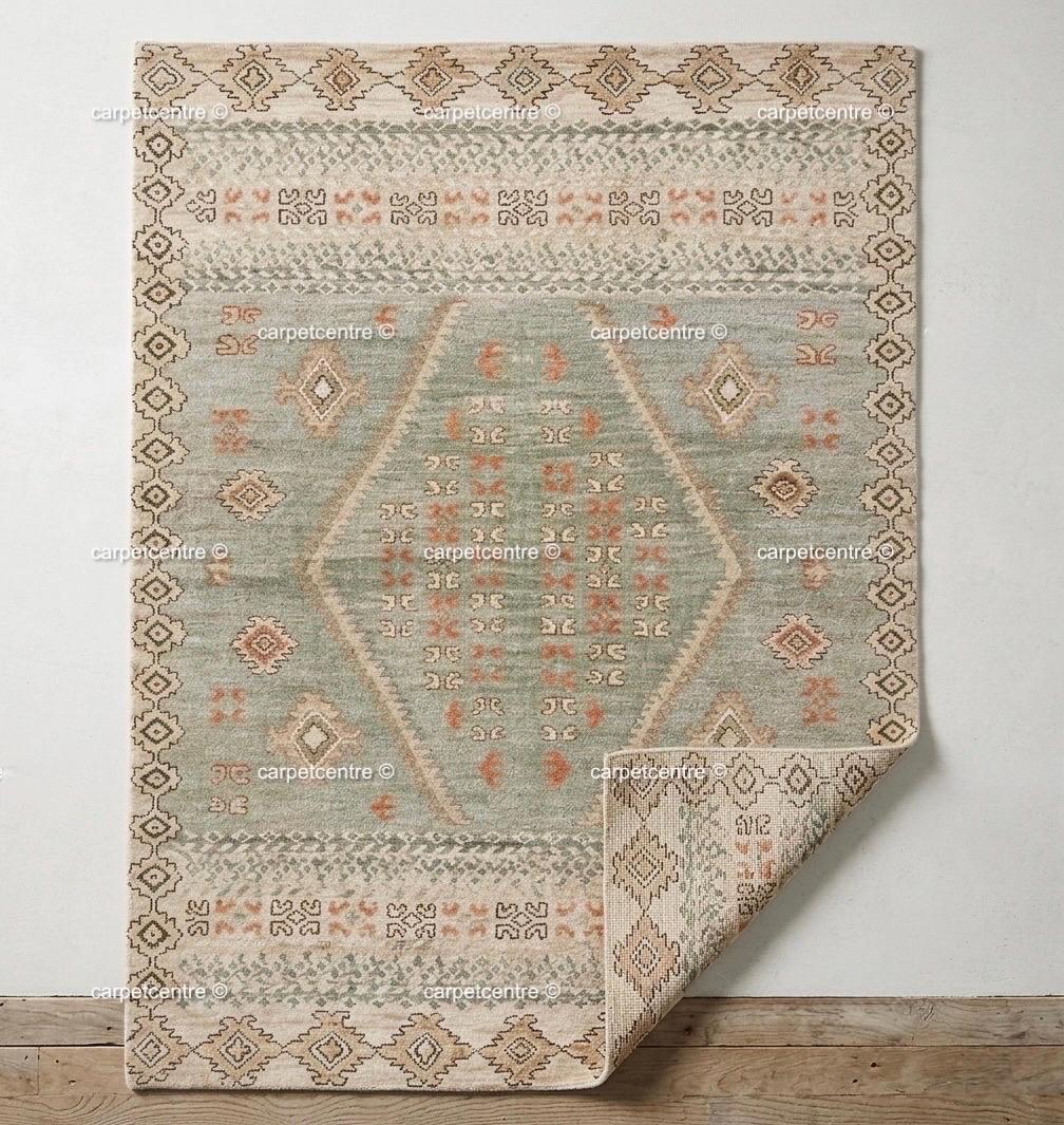 Sage Green Hand Knotted Wool Oushak Rug, Vintage Tribal Boho Decor 8x10