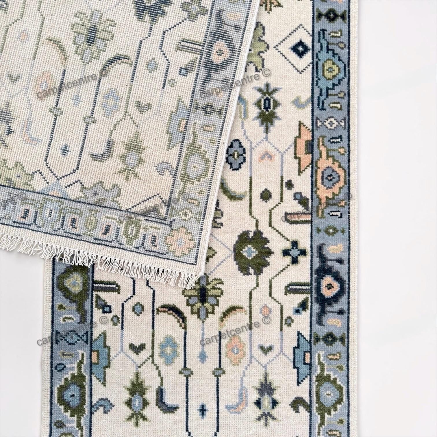 Hand Knotted Oushak Runner, Ivory Blue Wool Hallway Rug, Modern Farmhouse Style