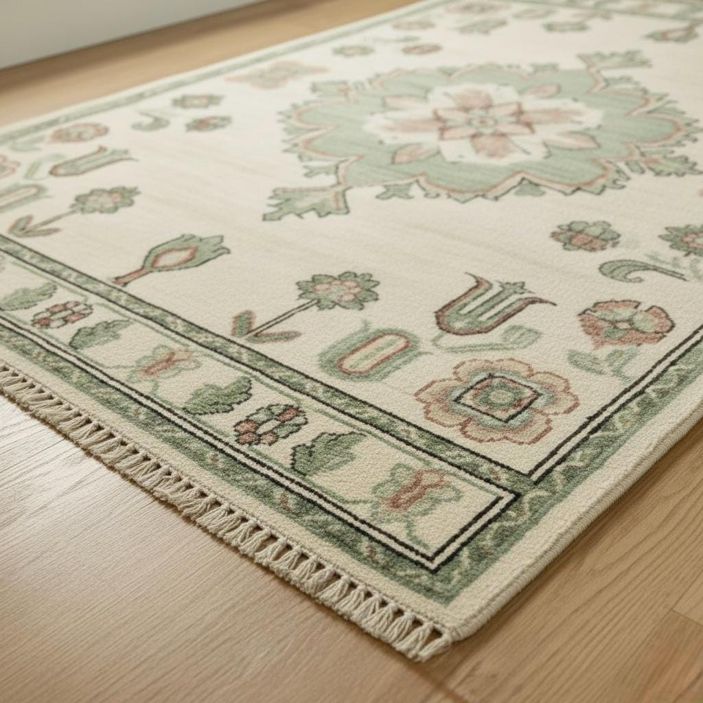 Hand-Knotted Oushak Wool Rug | Ivory, Sage Green Floral Medallion