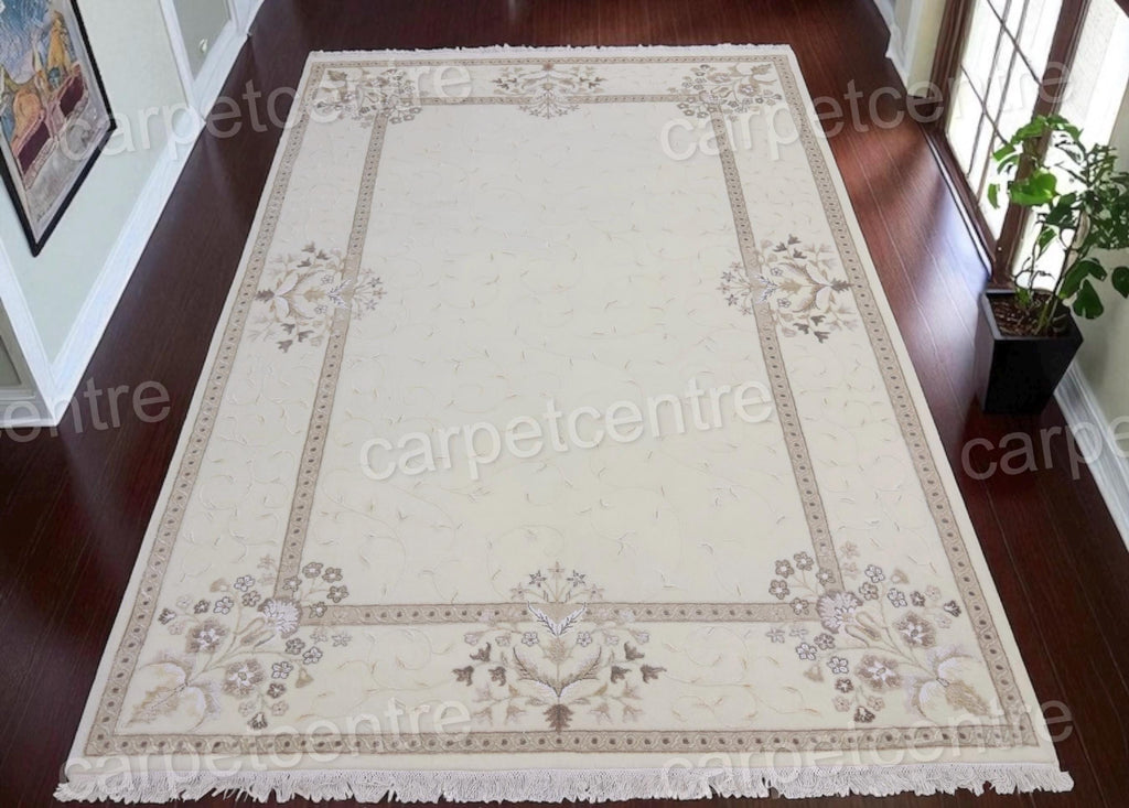 Handwoven Ivory Wool Rug: Vintage Persian Floral Art Silk