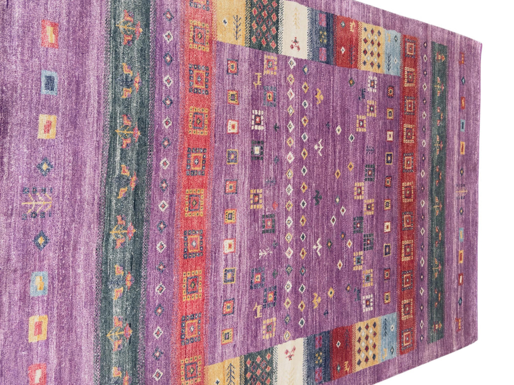 Hand Knotted Wool Rug | Purple Gabbeh Style Tribal Pattern, Multicolor Accents