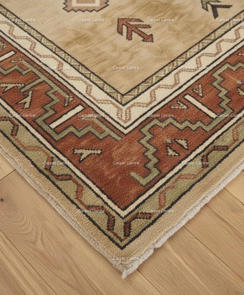 Hand-Knotted Wool Oushak Rug, Beige Geometric Tribal Design