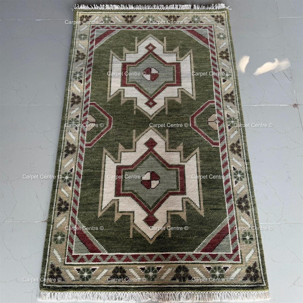 Hand-Knotted Wool Oushak Runner Rug, Olive Green Geometric Design