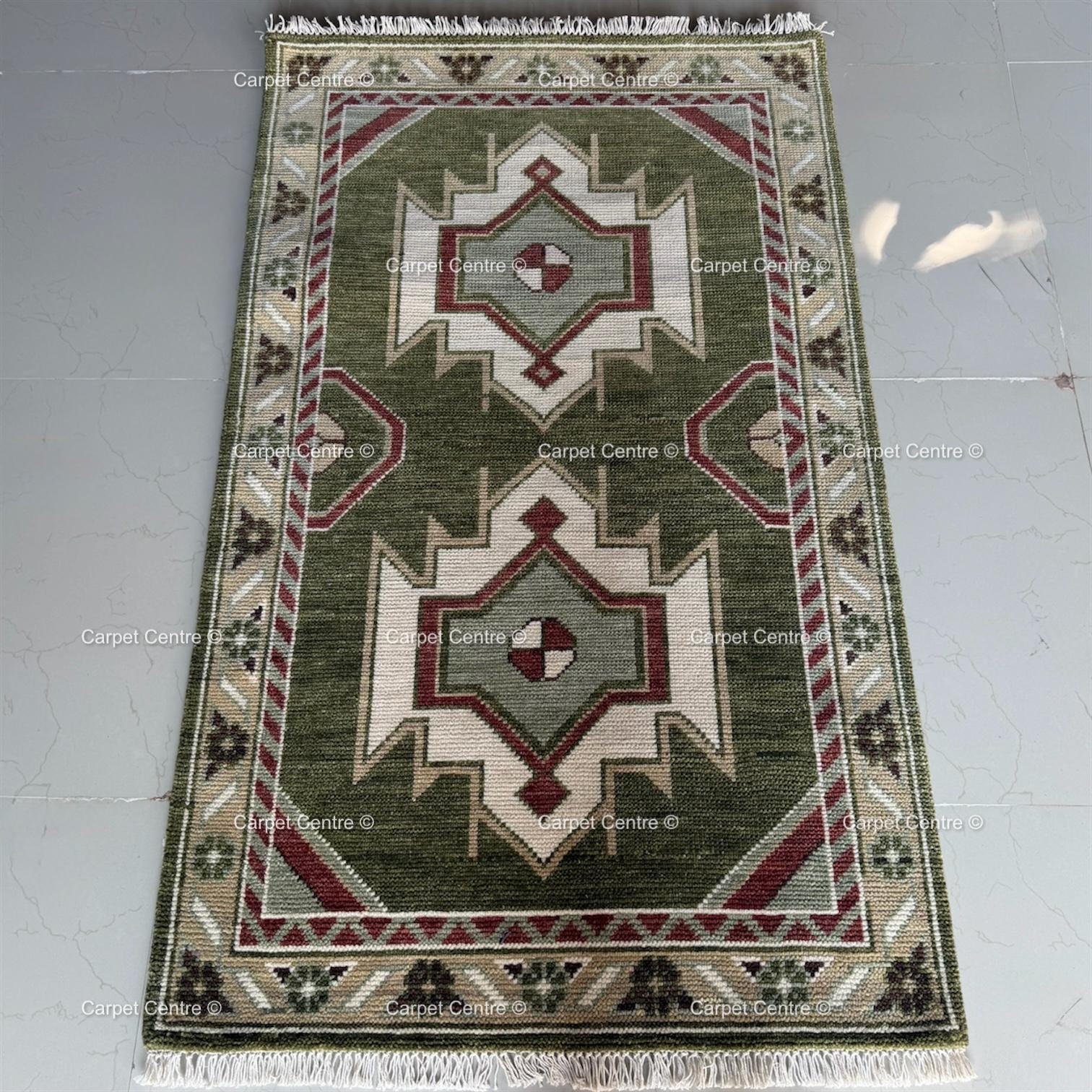 Hand-Knotted Wool Oushak Runner Rug, Olive Green Geometric Design