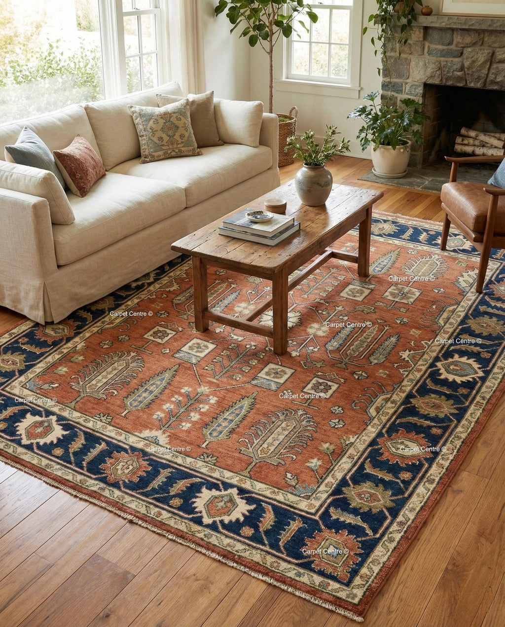Hand Knotted Oushak Rug, Turkish Wool, Tree of Life, Terracotta & Navy