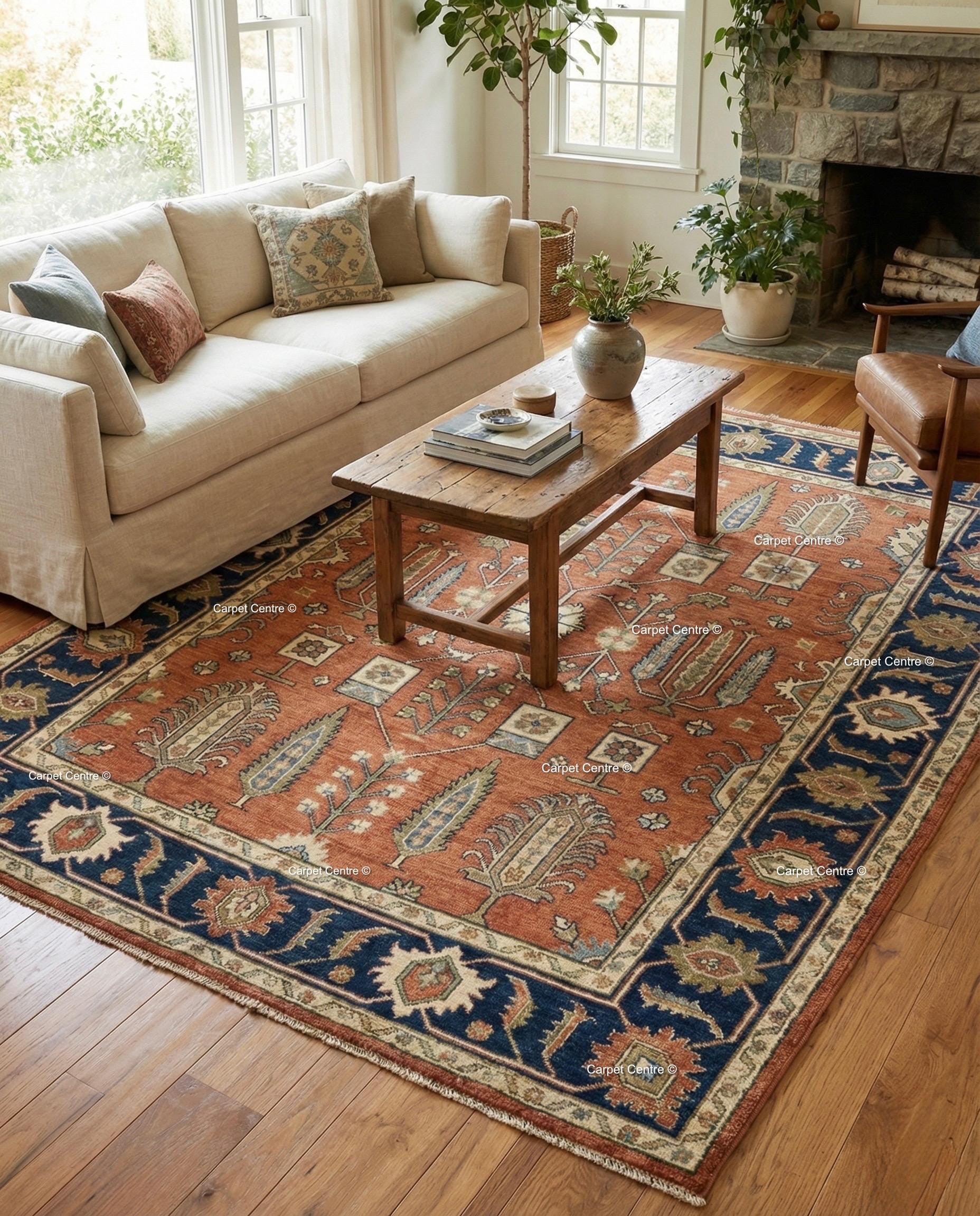 Hand Knotted Oushak Rug, Turkish Wool, Tree of Life, Terracotta & Navy