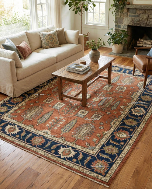 Hand Knotted Oushak Rug, Turkish Wool, Tree of Life, Terracotta & Navy