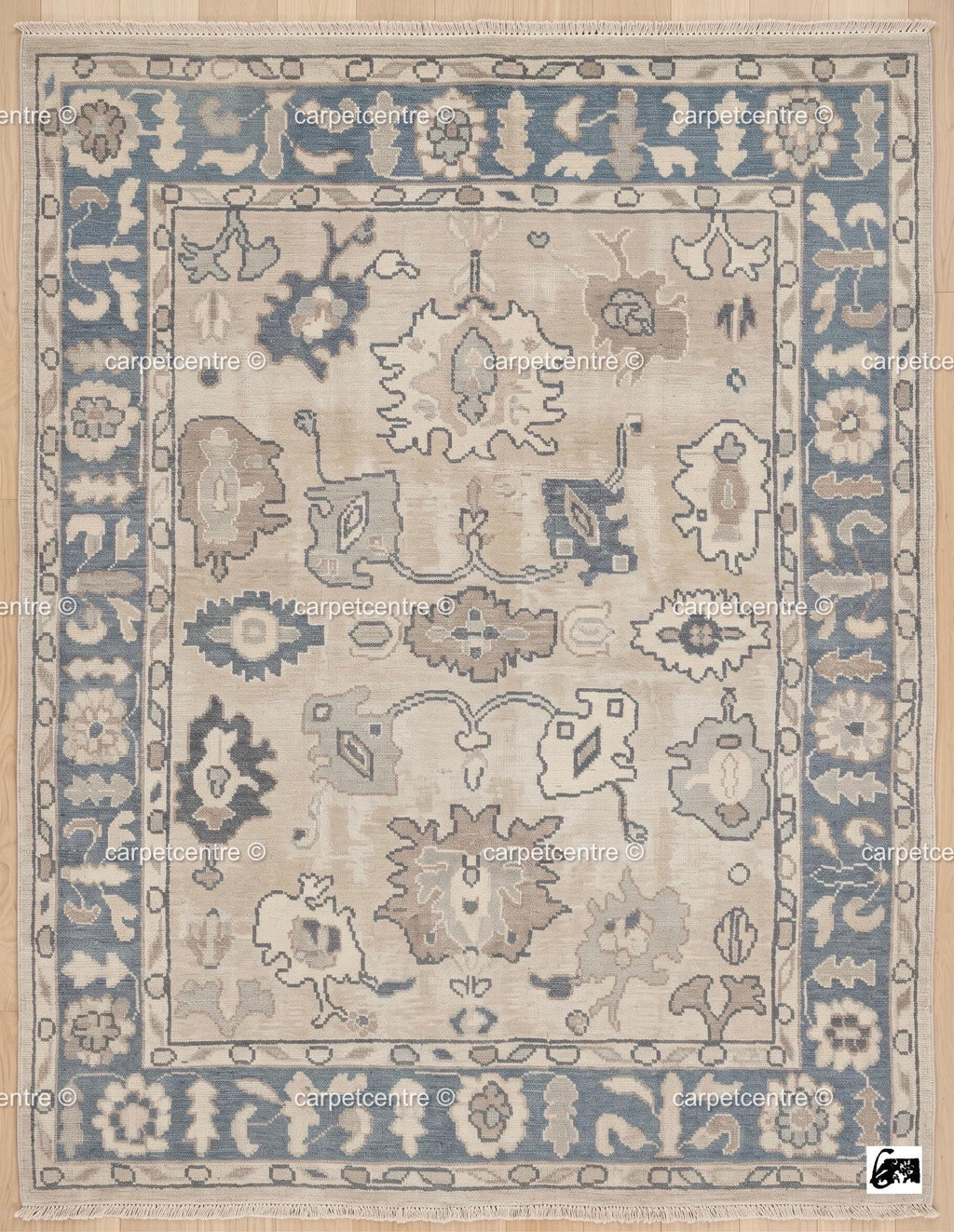 Muted Blue Beige Oushak Rug | Hand Knotted Wool Turkish Area Rug