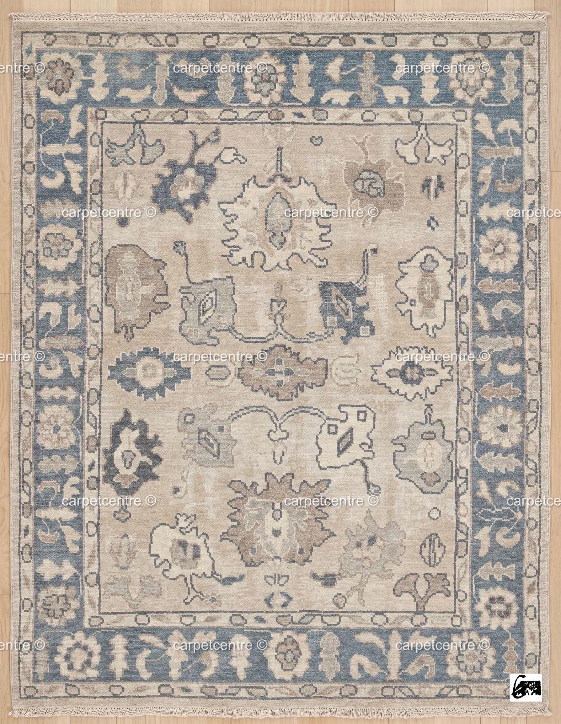 Muted Blue Beige Oushak Rug | Hand Knotted Wool Turkish Area Rug