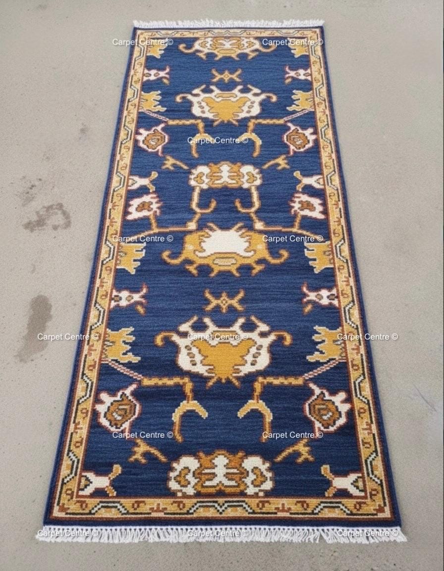 Navy Blue Oushak Runner Rug, Hand-Knotted Wool, Geometric Persian Style
