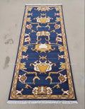 Navy Blue Oushak Runner Rug, Hand-Knotted Wool, Geometric Persian Style