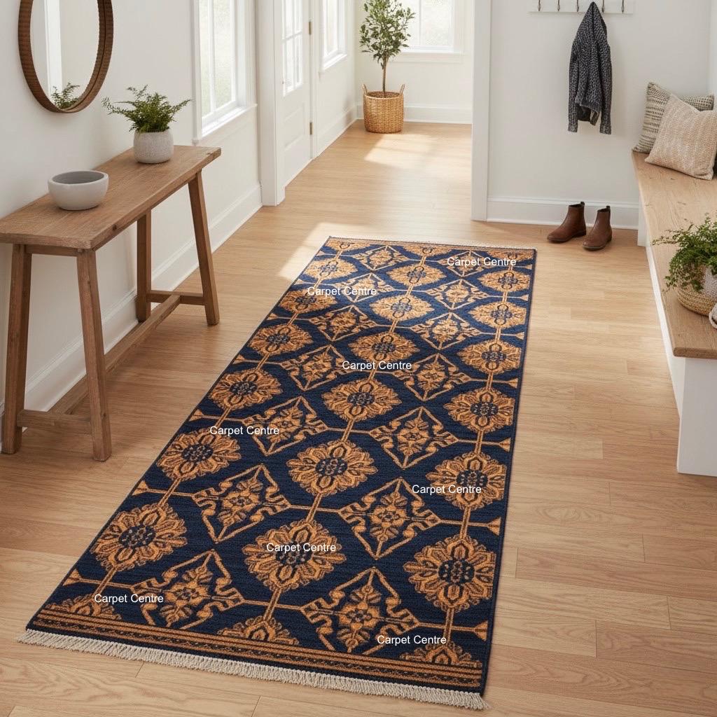 Navy Blue Gold Geometric Hand-Knotted Wool Runner Rug, 2x8 Entryway Hallway Carpet