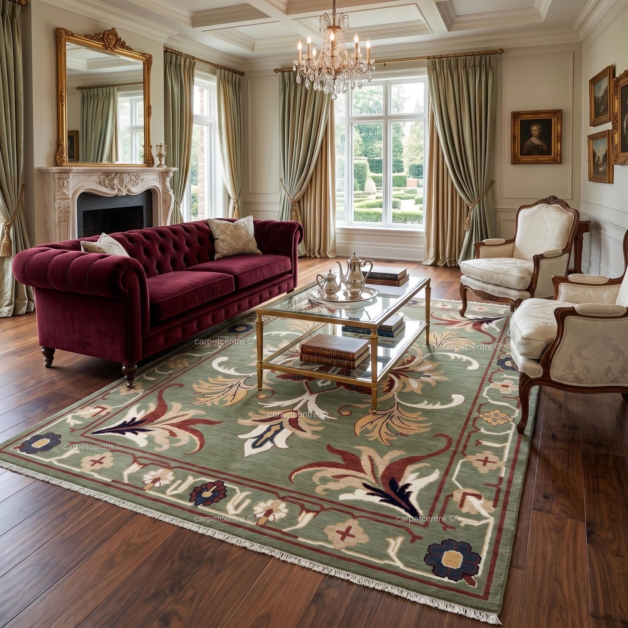 Hand-Knotted Sage Green Oushak Rug | Traditional Turkish Wool Medallion Carpet