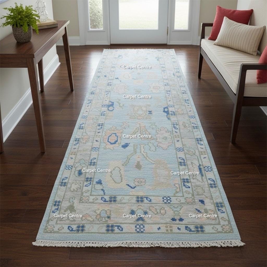 Hand-Knotted Oushak Wool Runner Rug: Pale Blue Floral Medallion
