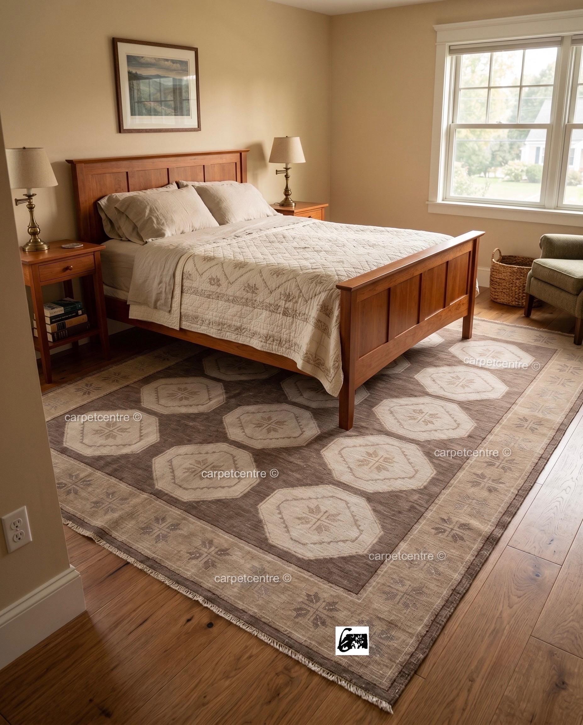 Hand Knotted Oushak Rug | Brown Geometric Wool Carpet | Turkish Tribal Area Rug