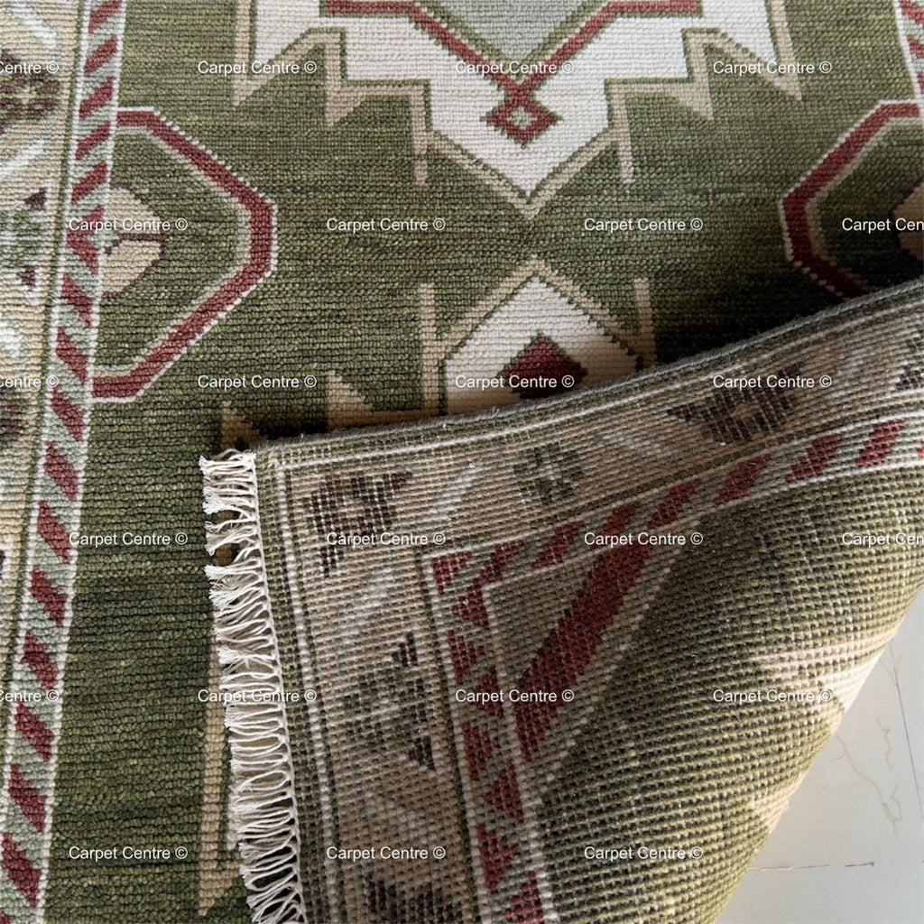 Hand-Knotted Wool Oushak Runner Rug, Olive Green Geometric Design