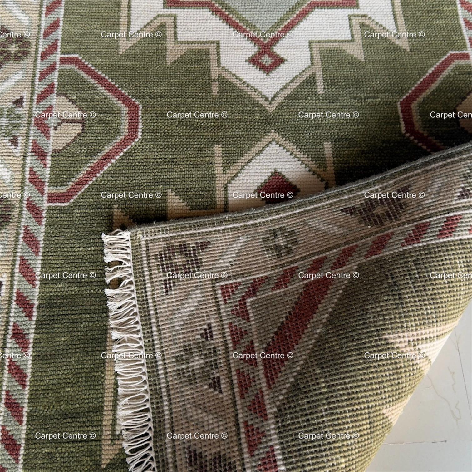 Hand-Knotted Wool Oushak Runner Rug, Olive Green Geometric Design