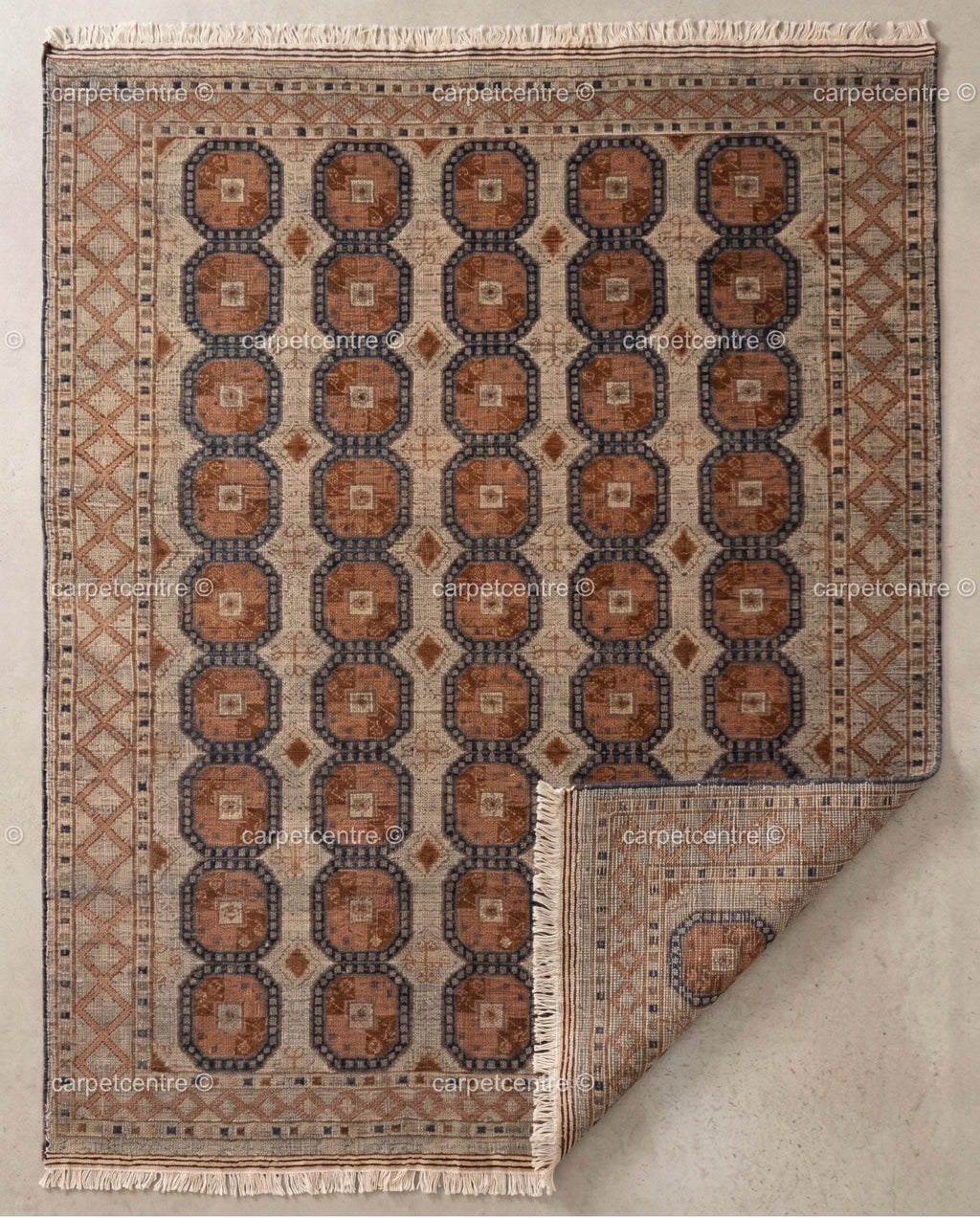 Vintage Oushak Rug, Rust Blue Geometric Hand Knotted Wool Turkish Carpet