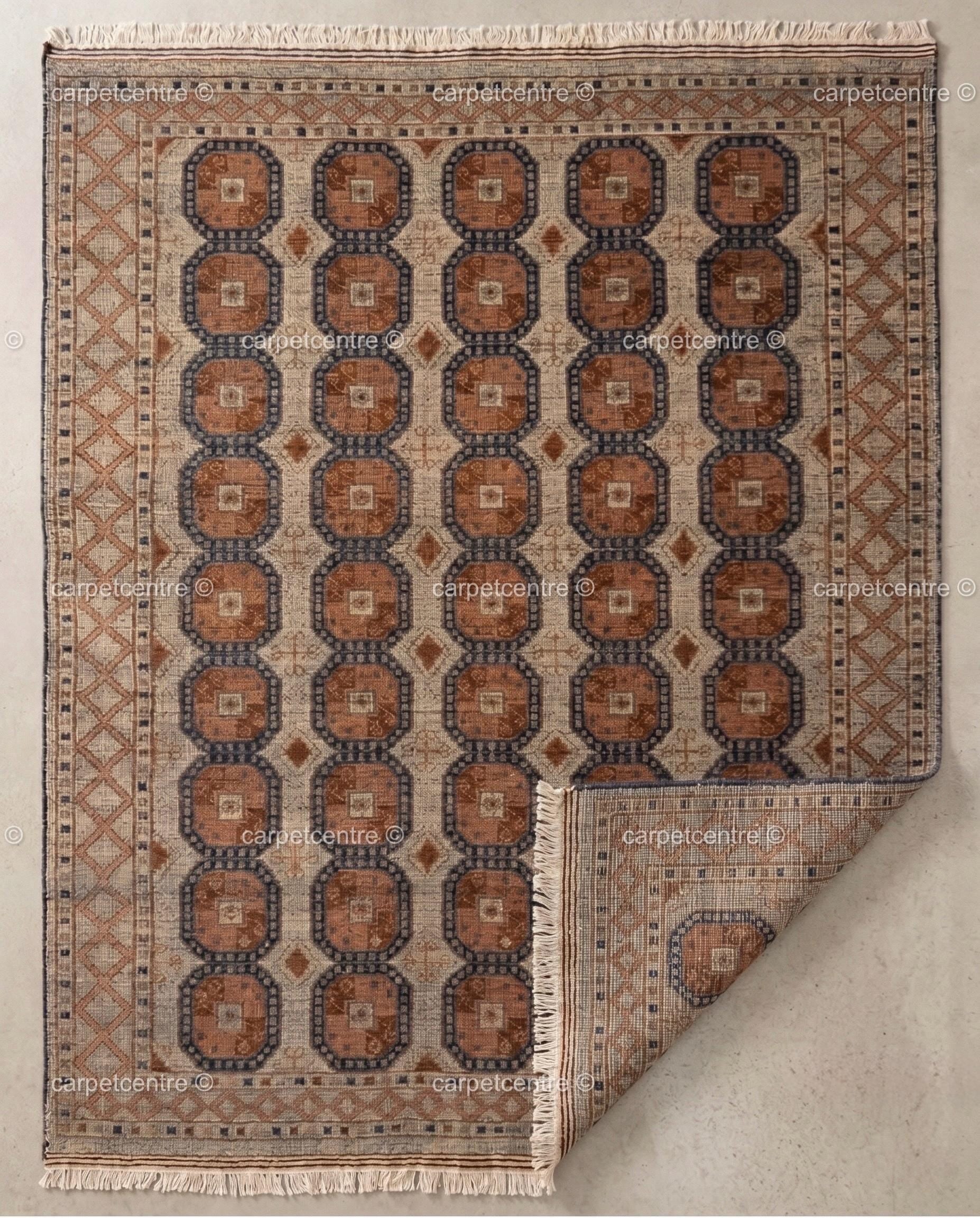 Vintage Oushak Rug, Rust Blue Geometric Hand Knotted Wool Turkish Carpet