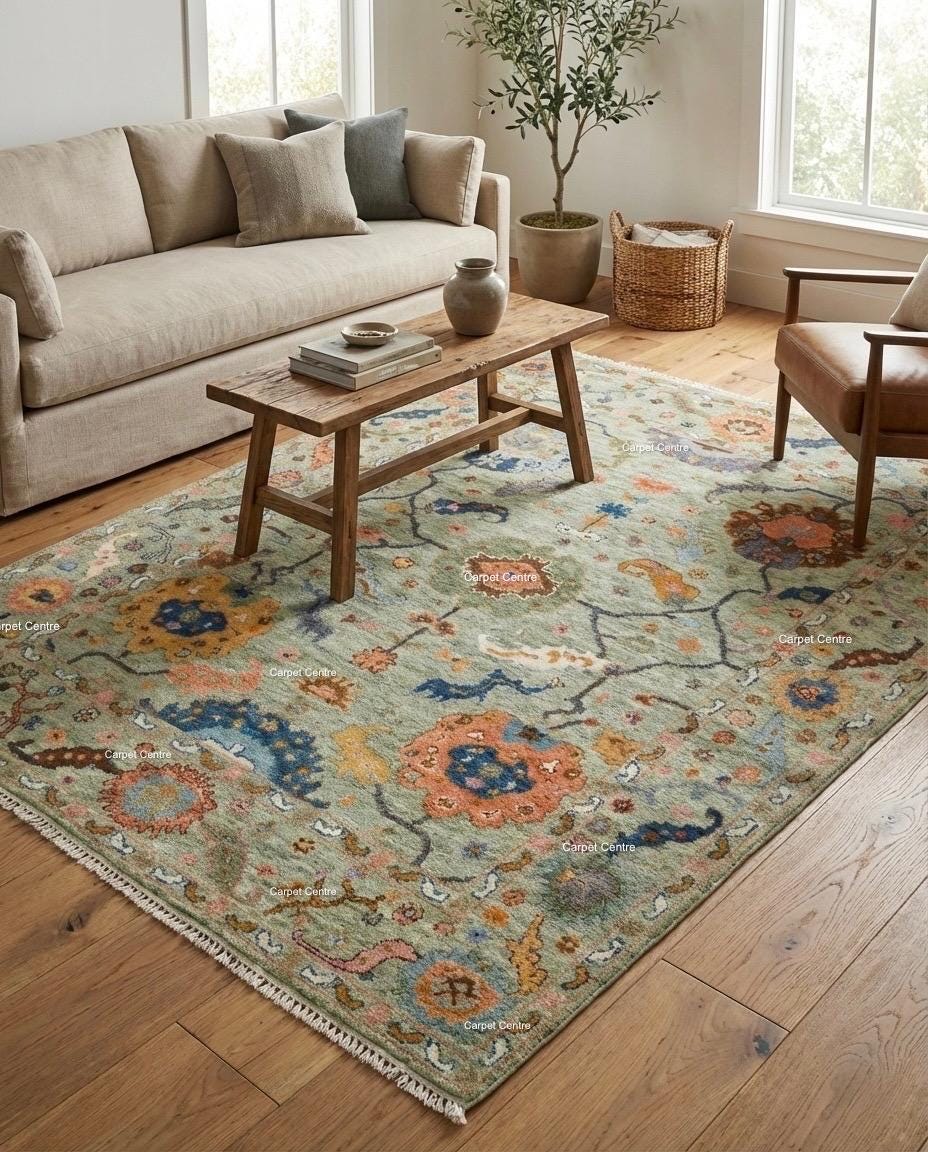 Sage Green Oushak Rug, Hand Knotted Wool, Arts & Crafts Floral