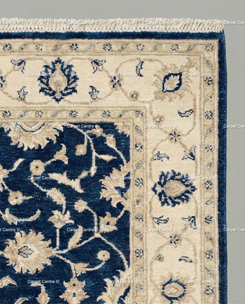 Navy Blue Oushak Rug, Hand-Knotted Wool, Ivory Floral Turkish Knot