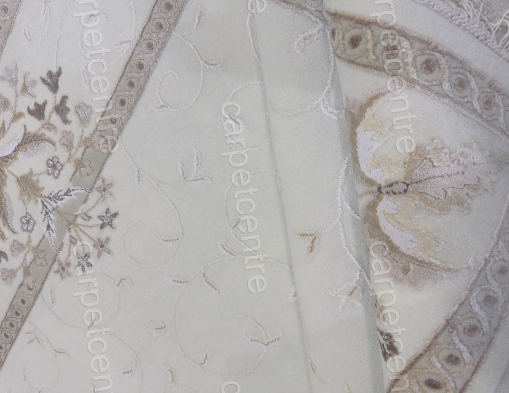 Handwoven Ivory Wool Rug: Vintage Persian Floral Art Silk
