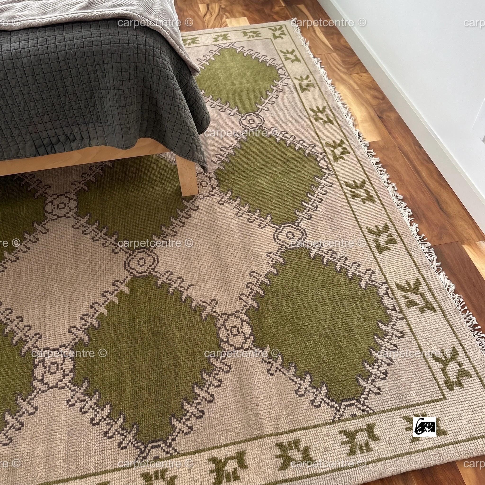 Hand Knotted Oushak Rug, Olive Green Geometric New Zealand Wool Area Rug