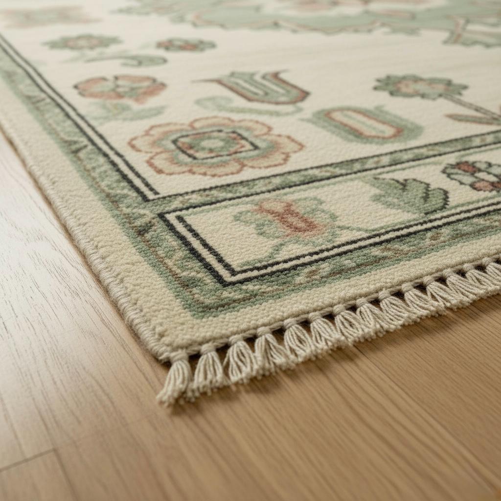 Hand-Knotted Oushak Wool Rug | Ivory, Sage Green Floral Medallion