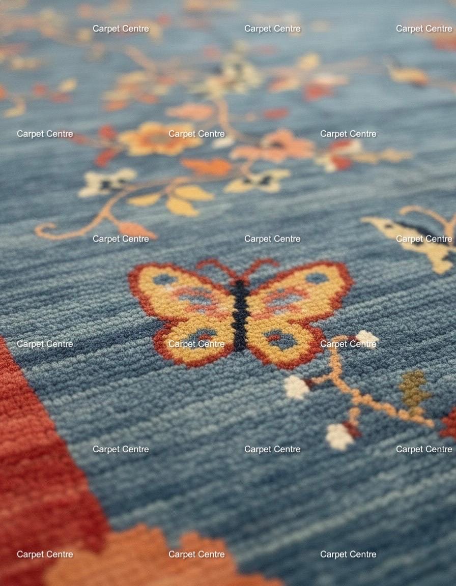 Hand-Knotted Oushak Wool Rug | Blue & Red Chinoiserie Floral Design