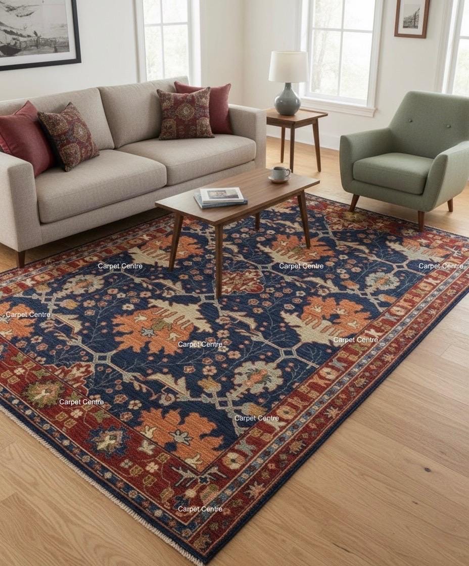 Navy Blue Hand-Knotted Wool Rug, Heriz Oushak Style