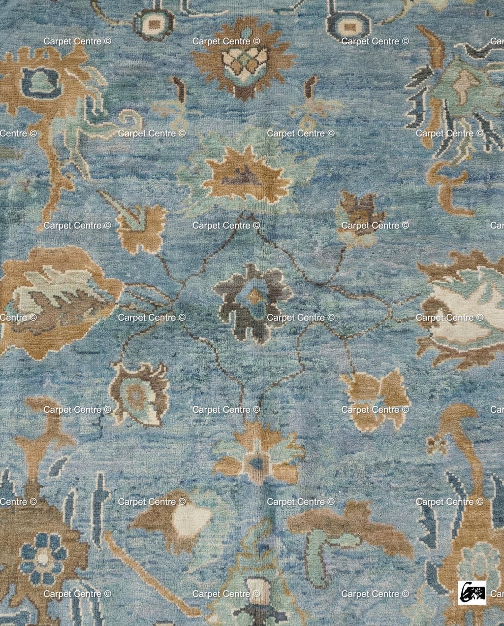 Sky Blue Wool Rug, Hand-Knotted Turkish Oushak, Floral Design