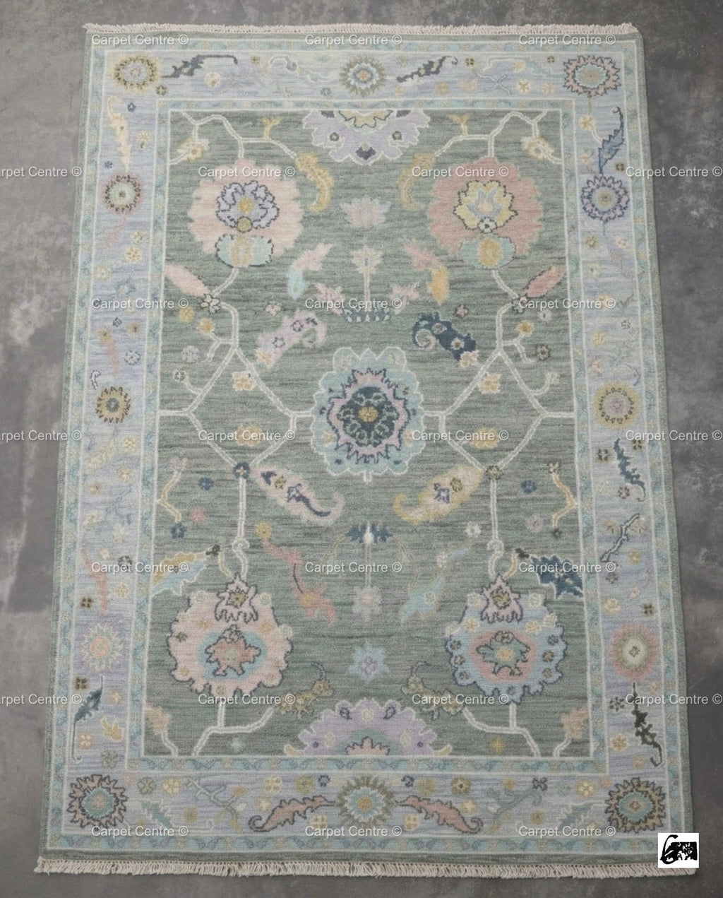 Handknotted Oushak Wool Rug | Sage Green, Pastel Floral Design