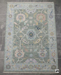Handknotted Oushak Wool Rug | Sage Green, Pastel Floral Design