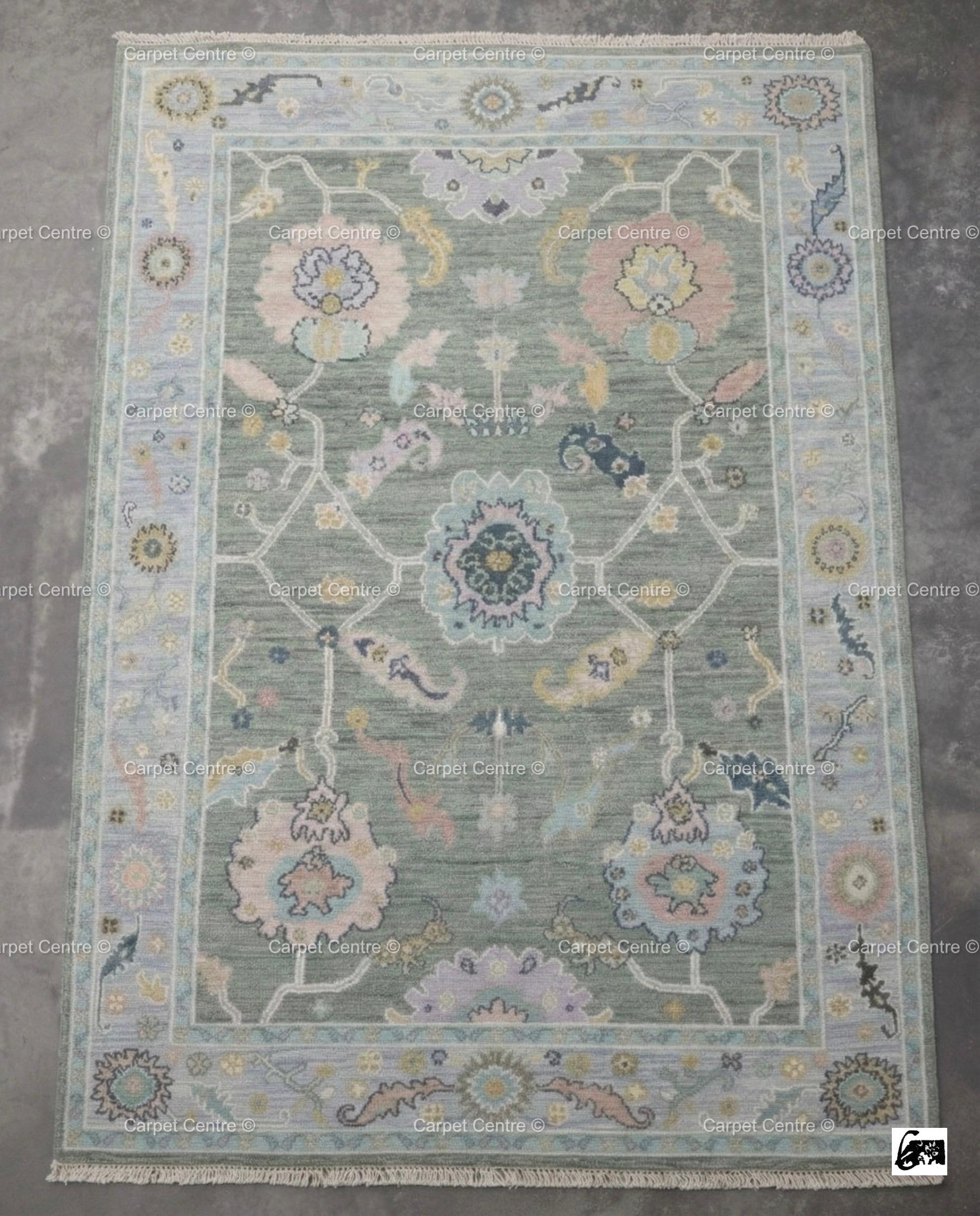 Handknotted Oushak Wool Rug | Sage Green, Pastel Floral Design