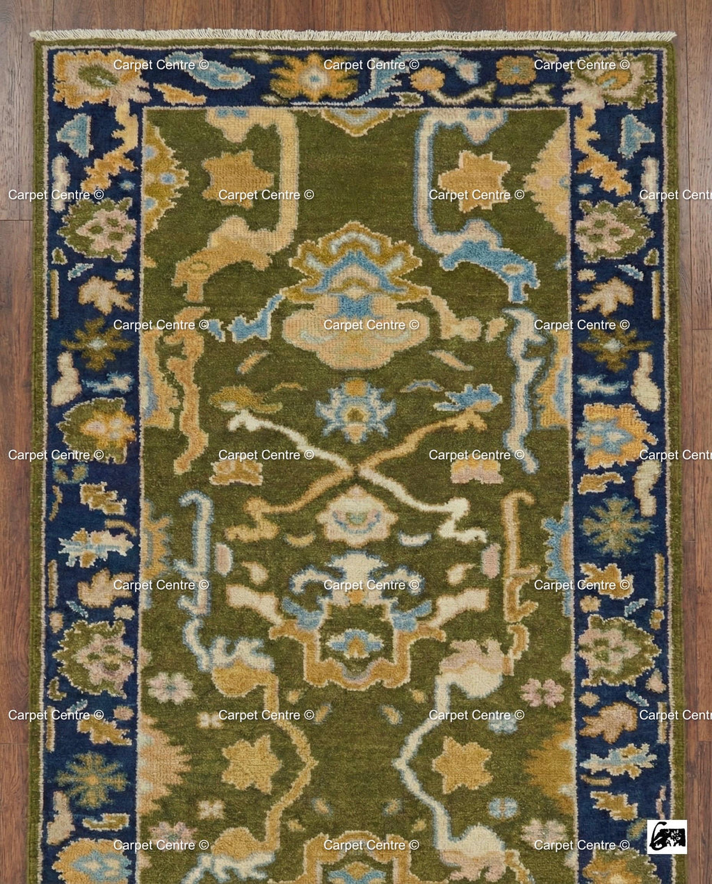 Hand Knotted Oushak Runner, Olive Green, Navy Border, Turkish Wool