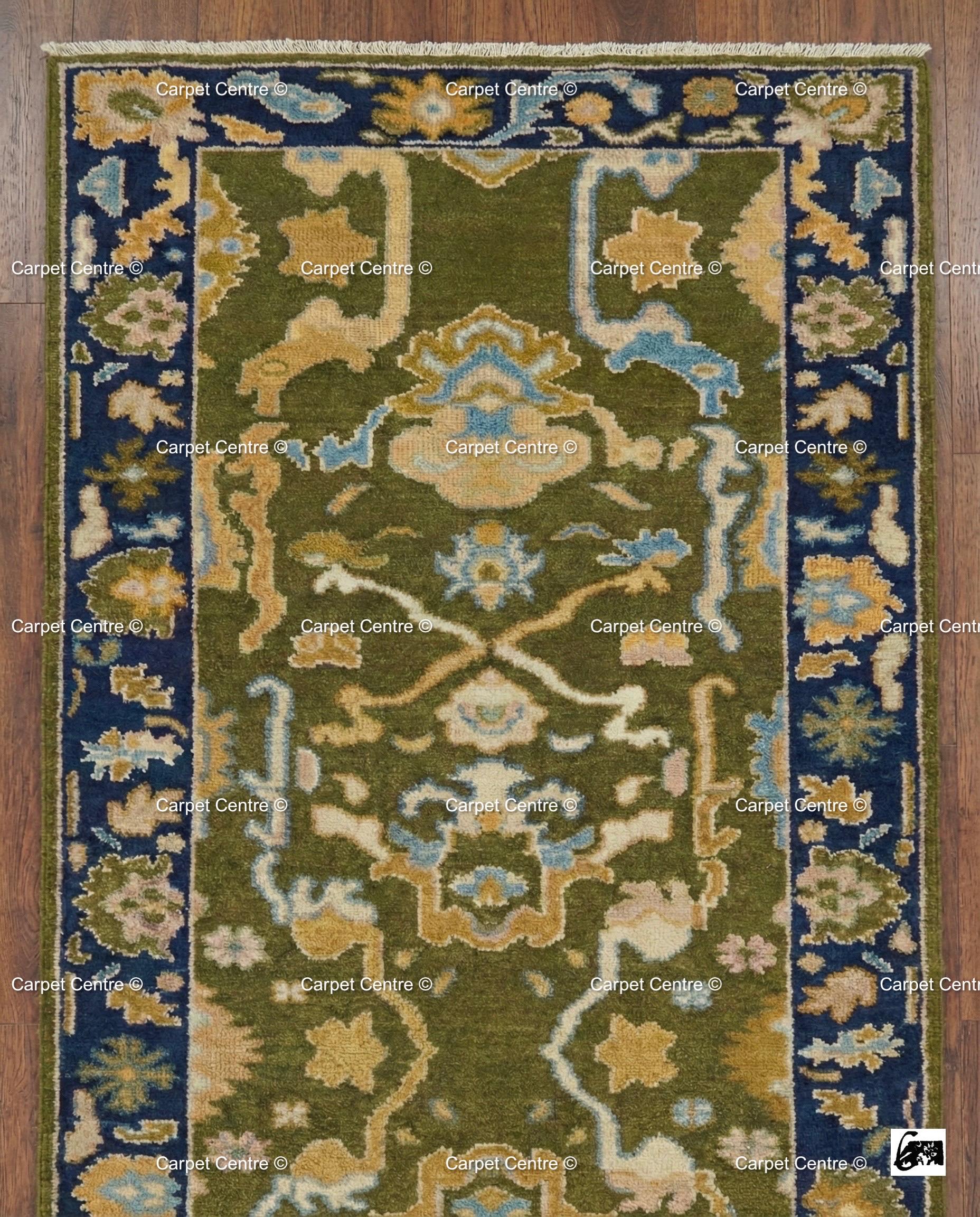 Hand Knotted Oushak Runner, Olive Green, Navy Border, Turkish Wool