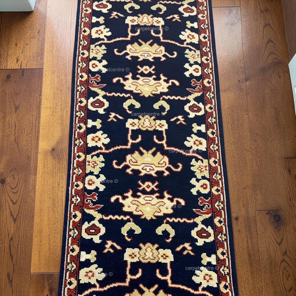 Hand-Knotted Wool Runner Rug, Navy Blue Tribal Design, Traditional Hallway Entryway Carpet