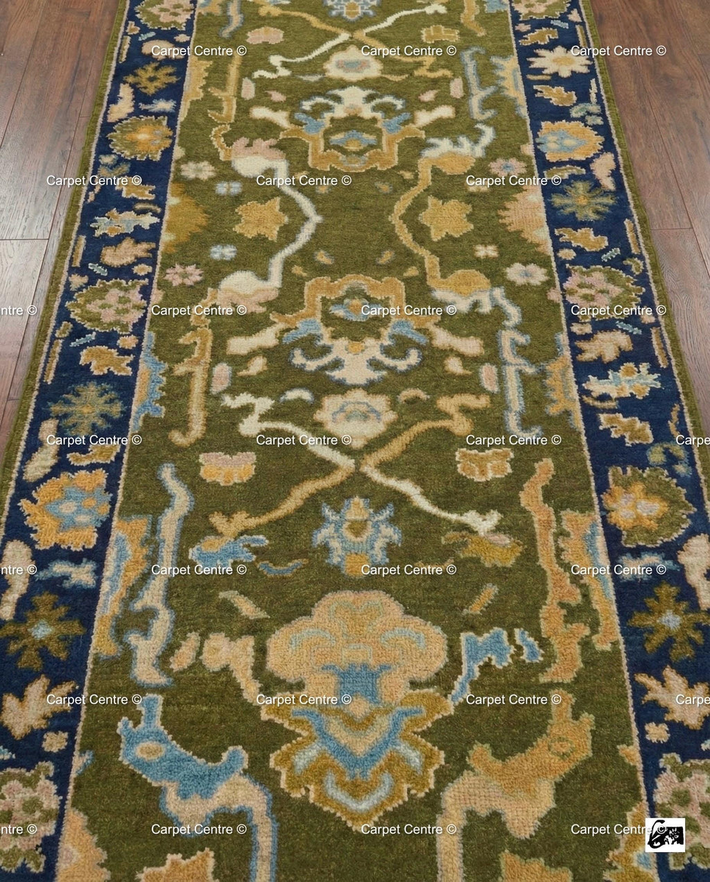 Hand Knotted Oushak Runner, Olive Green, Navy Border, Turkish Wool