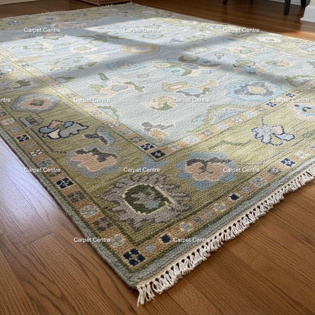 8x10 Hand-Knotted Wool Oushak Rug, Sage Green Border, Modern Traditional Floral