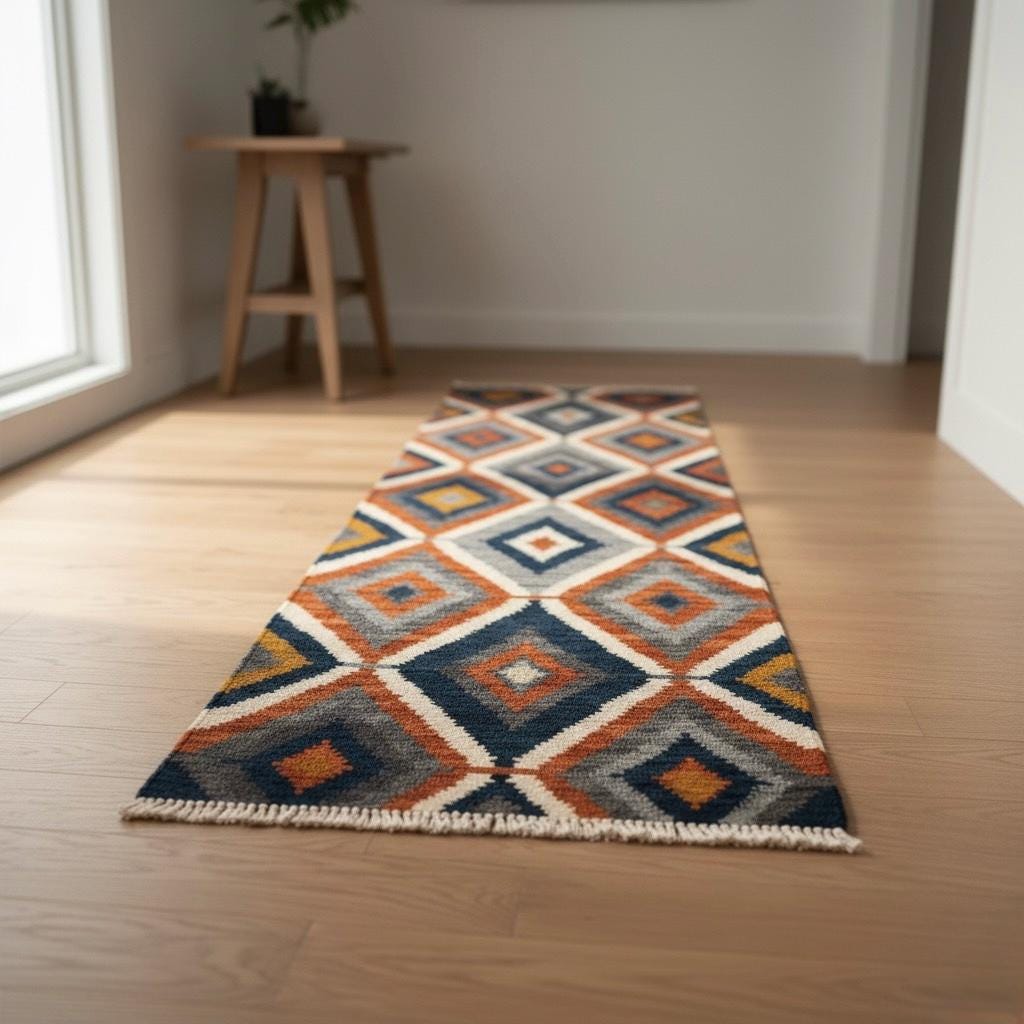 Handwoven Wool Runner Rug: Oushak Geometric Design