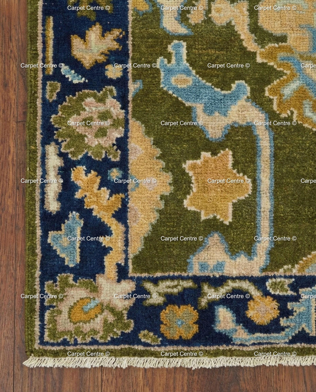 Hand Knotted Oushak Runner, Olive Green, Navy Border, Turkish Wool