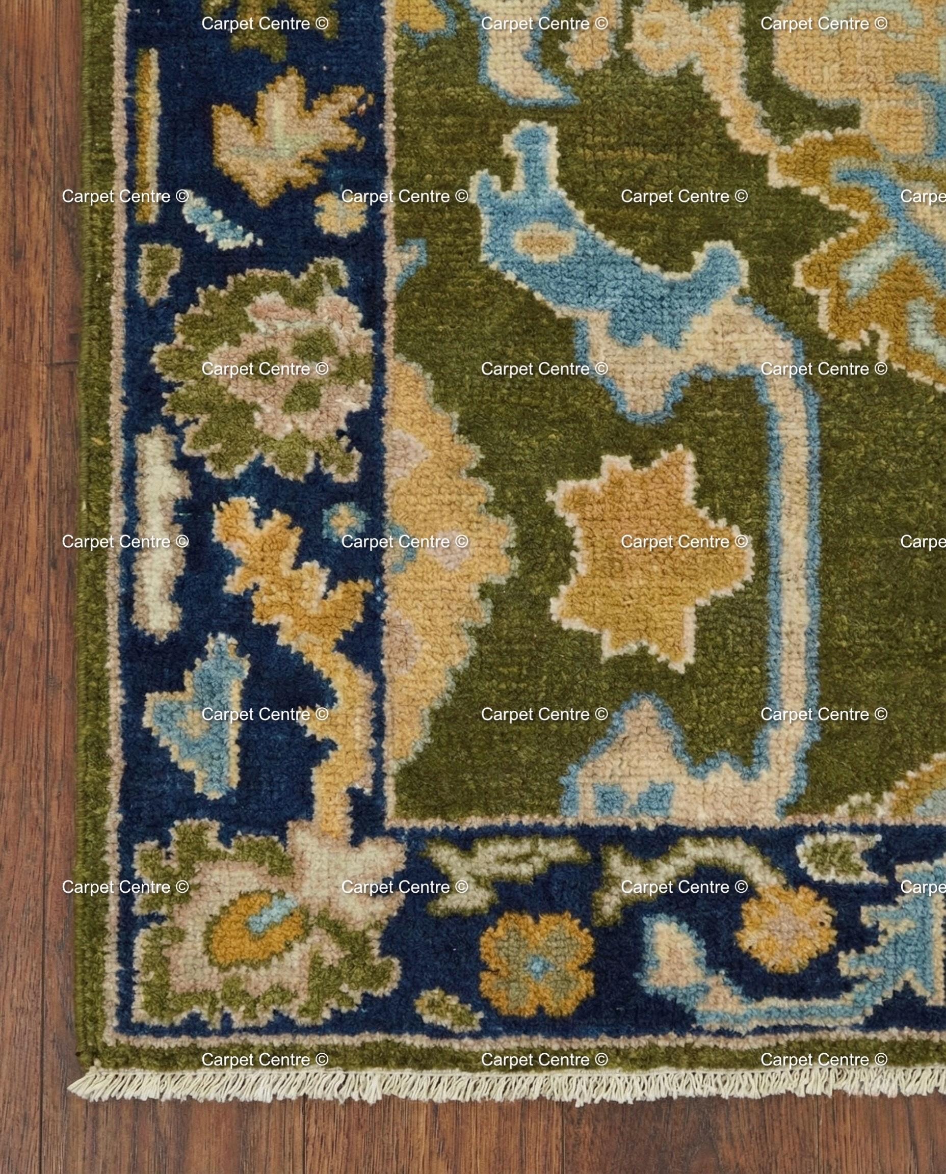 Hand Knotted Oushak Runner, Olive Green, Navy Border, Turkish Wool