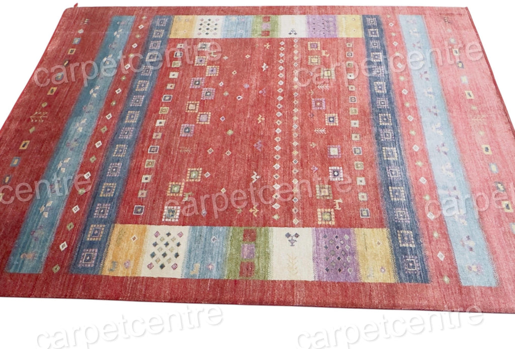 Hand-Knotted Bamboo Silk Rug | Red Geometric Tribal Gabbeh Carpet (7'5"x5'9")