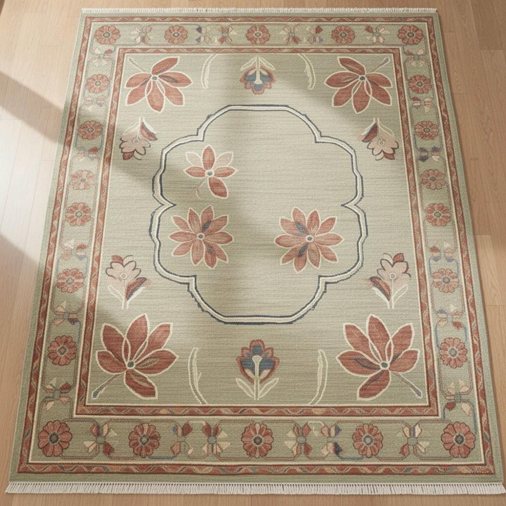 Handwoven Oushak Wool Rug: Sage Green Rust Floral