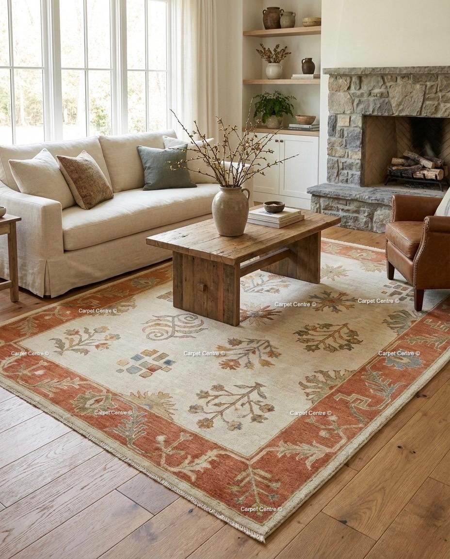 Hand-Knotted Wool Oushak Rug, Beige and Rust, Folk Art Floral Geometric