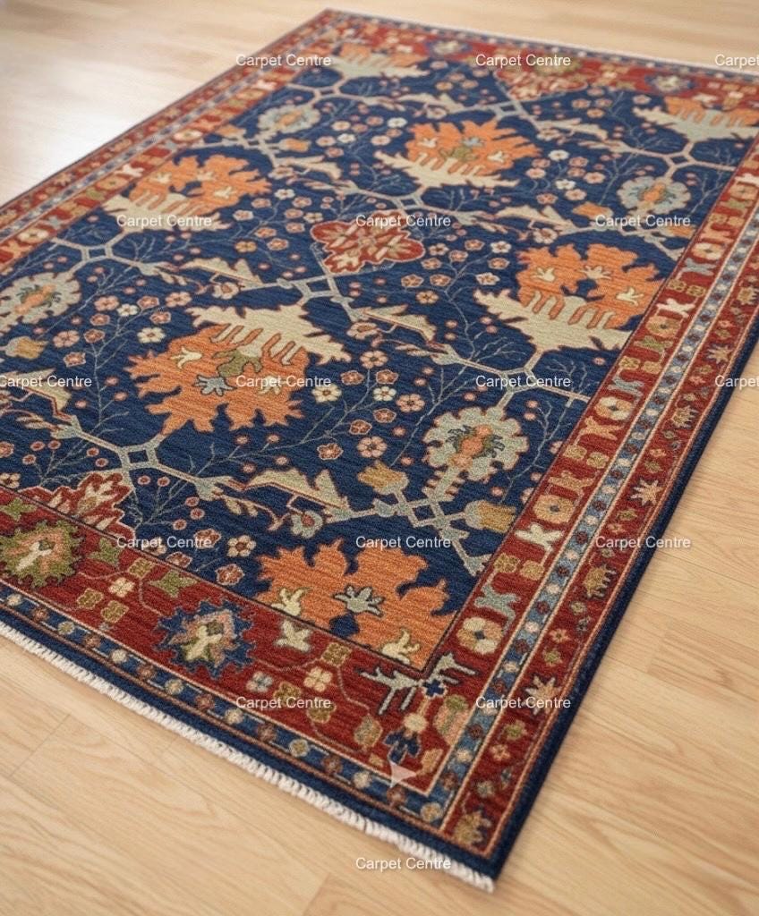 Navy Blue Hand-Knotted Wool Rug, Heriz Oushak Style